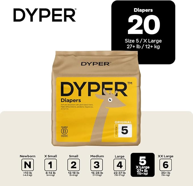 DYPER - Baby Diapers Hypoallergenic Cloth Alternative Day & Overnight Protection - Made with Plant-Based* & Skin-Friendly Ingredients - Size 5 (20 Count)