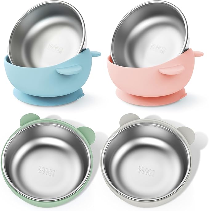 Stainless Steel Baby Bowls with Suction, 2-in-1 SUS304 Toddlers Bowl & Removable Silicone Suction Kids Bowl, Non Toxic Snack Container for Baby Food Feeding, Soft Blue/Sage/Pink/Gray Set of 4