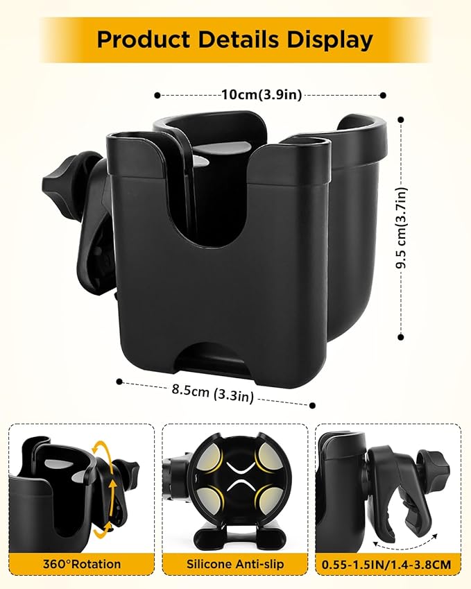 Universal Stroller Cup Holder with Mobile Phone Case, 2-in-1 Strollers Storage Rack, 360 Degrees Rotation Drink Holder for Bike, Pushchair, Wheelchair, Walker,Bicycle, Fits Most Cups