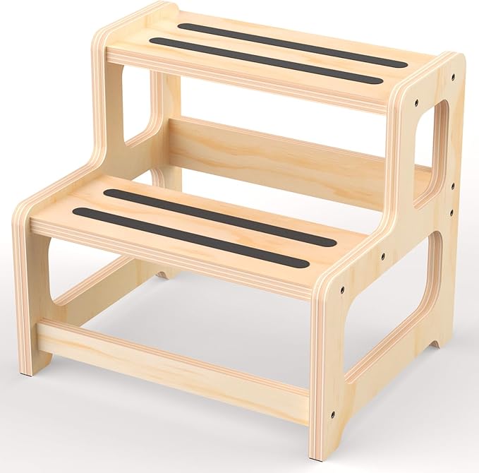 Toddler Step Stool, 2-Step Wooden Stool for Kids with Handles, Non-Slip Potty Training Seat for Bathroom Sink, Kitchen & Bedroom, Adjustable Height Child Step Stool for Ages 2+ (Natural Wood)