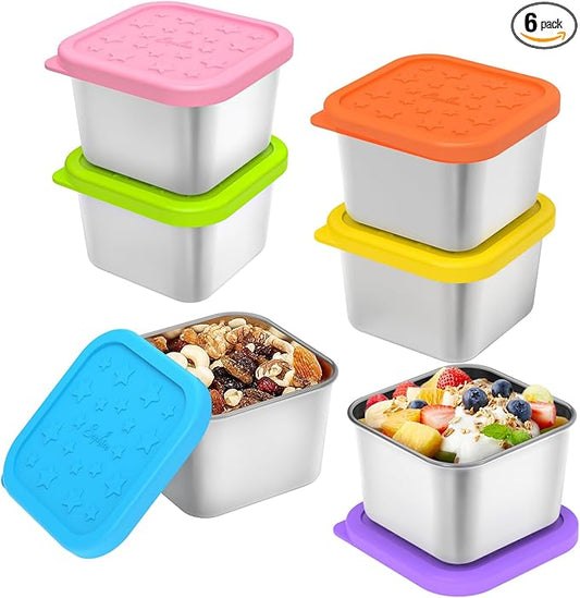 SOPHICO Stainless Steel Snack Containers for Kids, 6 oz Leak Proof Small Food Storage Container with Silicone Lid, 304 Metal Toddler Lunch Box for Daycare, School and Travel (6 Pack)