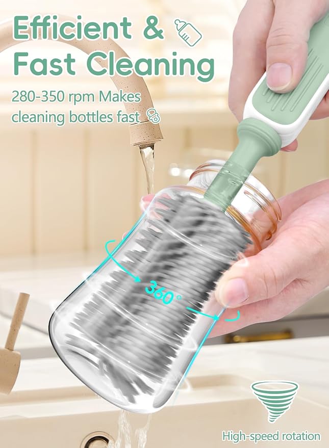 Electric Baby Bottle Brush Cleaner, Baby Travel Bottle Cleaner Kit- 2000mAh Rechargeable Silicone Brush, Drying Rack, Compact Storage Box, 360° Efficient Cleaning Bottle Brush for Home & On-The-Go