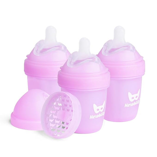 Herobility Double Anti-Colic Baby Bottles – 5 fl oz/140ml – 3-Pack – Purple