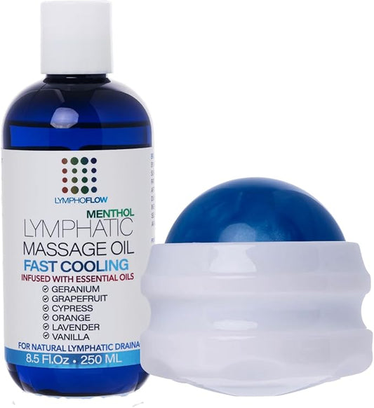Arnica with Cooling Menthol Lymphatic Drainage Massage Oil & Fibro Roller Lymphatic Drainage Massage Roller Ball Bundle, for Relief, Manual Lymph Drainage & Post Surgery Recovery