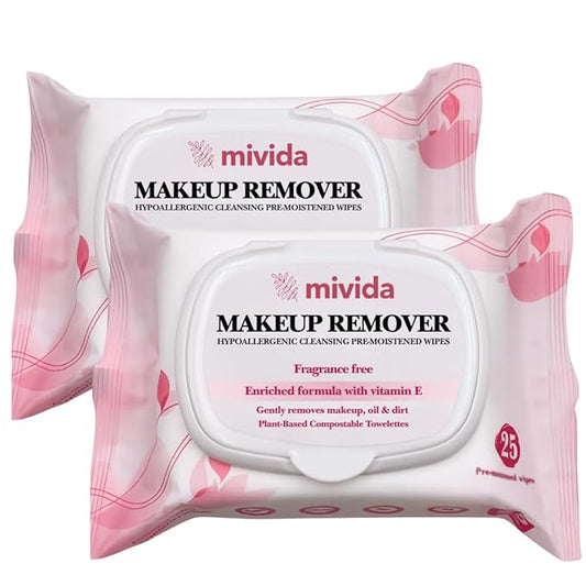 mivida Hypoallergenic Makeup Remover Wipes 2 Pack of 25 Count | Plant Based Facial Cleansing Make up Remover Face Wipes with Vitamin E | Fragrance Free, Alcohol Free | 50 Count wipes