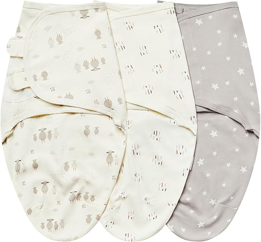 insular Baby Swaddle Wrap, Swaddle Blanket for Newborn and Infant, Adjustable Velcro Swaddling Set for Boy and Girl, Soft Cotton Baby Sleep Sack 3 Pack, Beige Sheep, Medium(3-6M)