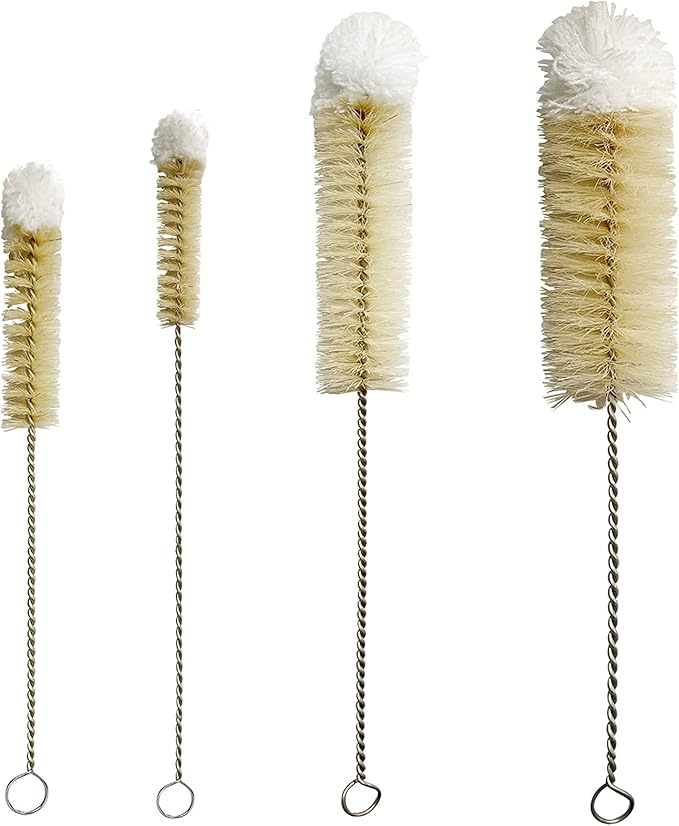 NewFerU Stainless Steel Soda Bottle Cleaning Brush Set in Natural Boar Bristle Wool Tip Long Handle, Flexible Bendable Thick Wire Cleaner for Narrow Neck Water Baby Bottles Straw Pipe Tube Flask (4)