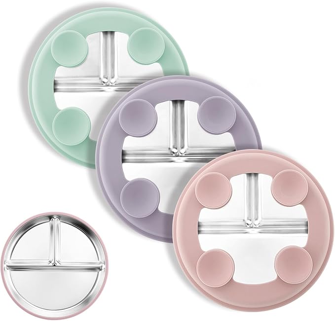 Stainless Steel Suction Plates for Toddlers, 8" Divided Kids Baby Plates with Removable Silicone Suction, Non Toxic Non Slip Portion Control Snack Dishes 3 Packs, Pink Lilac Sage