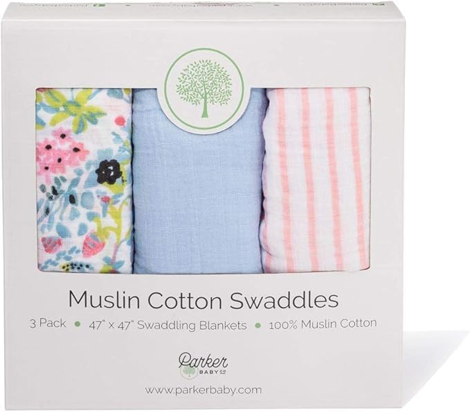 Parker Baby Swaddle Blankets - 3 Pack of 100% Cotton Muslin Swaddle Blankets for Baby Girls - Blossom Set