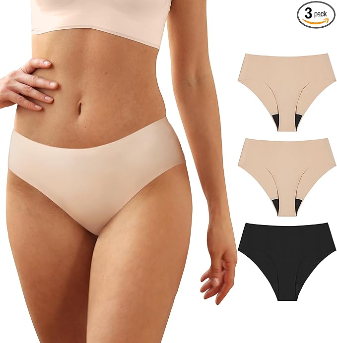 Washable Incontinence Underwear for Women, 1.8 oz Absorbency Leak Proof Seamless Mid Rise Briefs for Postpartum 3 Pack (Black-Beige, 2XL)