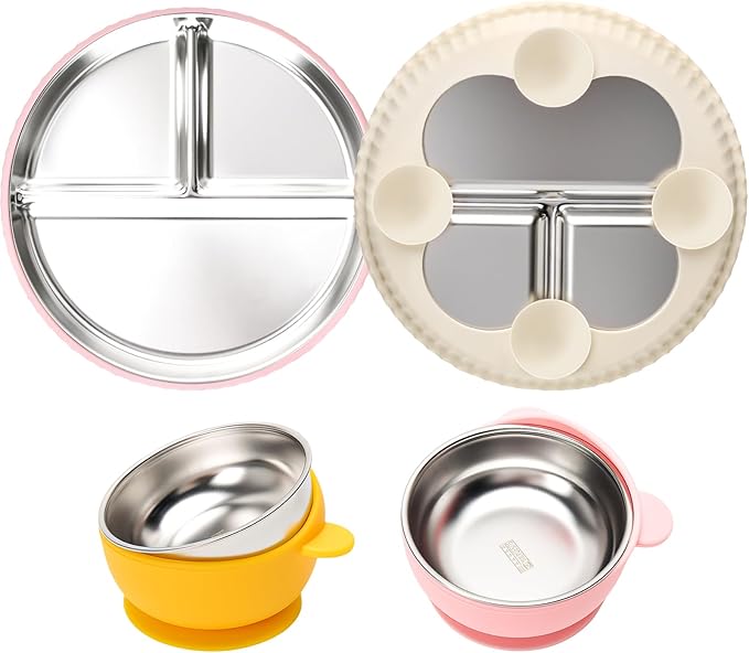 Stainless Steel Kids Plates and Bowls with Suction, Divided Baby Plate and Toddler Bowl with Removable Silicone Suction, Non-Slip Baby Feeding Set Dishwasher Safe, 4 Packs