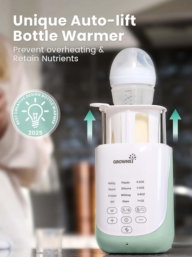 Grownsy Nutri Bottle Warmer with Innovative Auto-Lift Feature, 10-in-1 Fast Baby Bottle Warmer with Night Light, Retain Nutrients Milk Warmer for All Bottles
