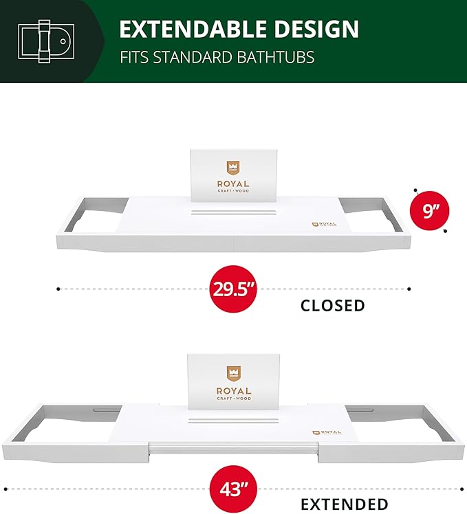 ROYAL CRAFT WOOD Premium Bathtub Tray - Expandable Bath Tray for Tub - Luxury Bathtub & Bathroom Accessories