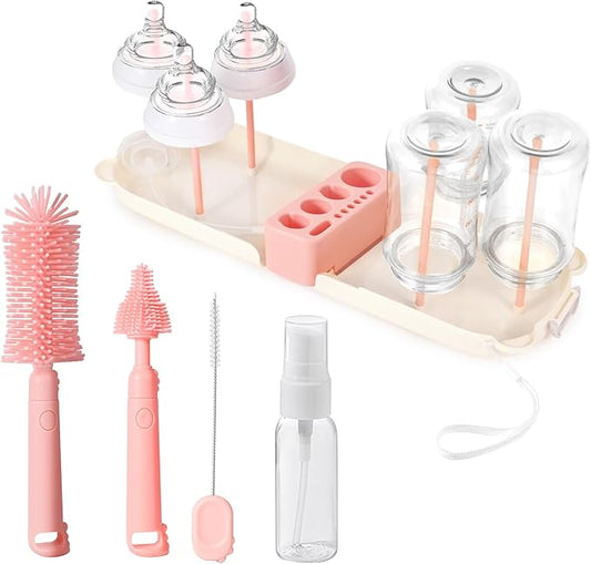 Portable Baby Bottle Brush Set, 7-in-1 Travel Baby Bottle Cleaning Kit, Portable Bottle Washing Kit with Silicone Bottle Brush, Nipple Brush, Straw Brush, Drying Rack for Home and Travel (Pink)