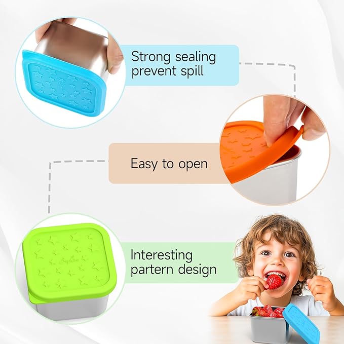 SOPHICO Stainless Steel Snack Containers for Kids, 6 oz Leak Proof Small Food Storage Container with Silicone Lid, 304 Metal Toddler Lunch Box for Daycare, School and Travel (6 Pack)