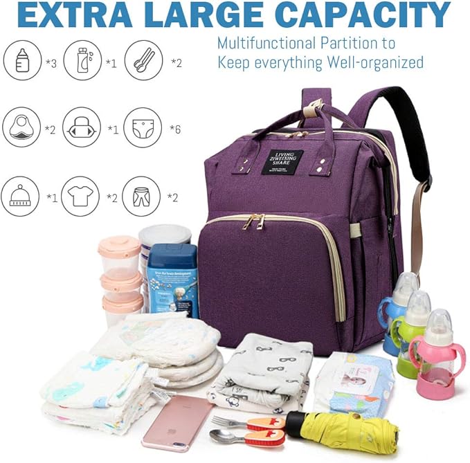 Diaper Bag Backpack, Nappy Baby Bags with Portable Changing Pad, 900D Waterproof Multi-Function Travel Portable Mommy Bag, Purple