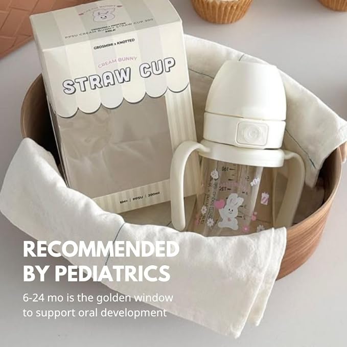 GROSMIMI x KNOTTED Flip Top Spill Proof Sippy Cup, PPSU, BPA Free, Stage 2 Straw for Toddlers (Cream bunny 6oz)