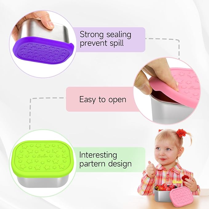 SOPHICO Stainless Steel Snack Containers for Kids, 8 oz Small Food Storage Container 1 Cup with Silicone Lid - Perfect 304 Metal Toddler Lunch Box for Daycare and School, Leak Proof (8oz, 6 Pack)