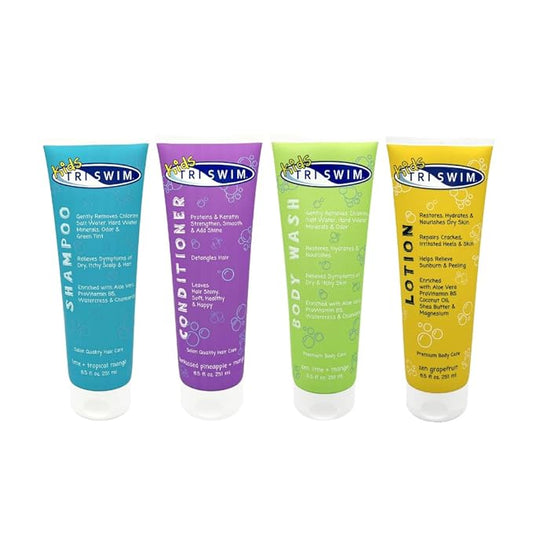 TRISWIM Kids After Swim Value Pack of 4 Travel Mesh Bag + Swim Care Chlorine Removal Body Wash + Swimming Lotion + Swim Shampoo and Conditioner 8.5 fl oz Keep your Little Swimmers Clean and Healthy