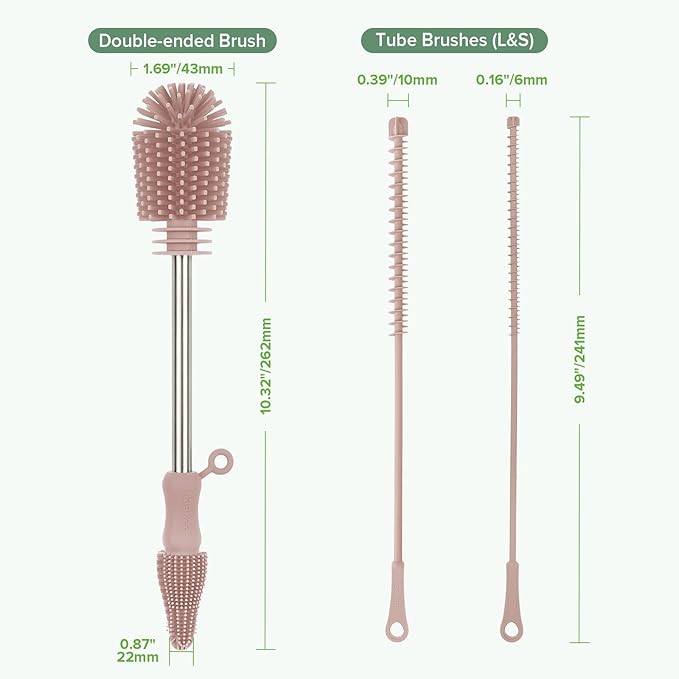 Haakaa Silicone Cleaning Brush Kit - Baby Bottle Brush Cleaner for Breast Pump,Nipple,Breast Milk Storage Bag,Reusable Straw,Sippy Cup - Food Grade Silicone Bristles, Portable - 3 Pcs - Pink