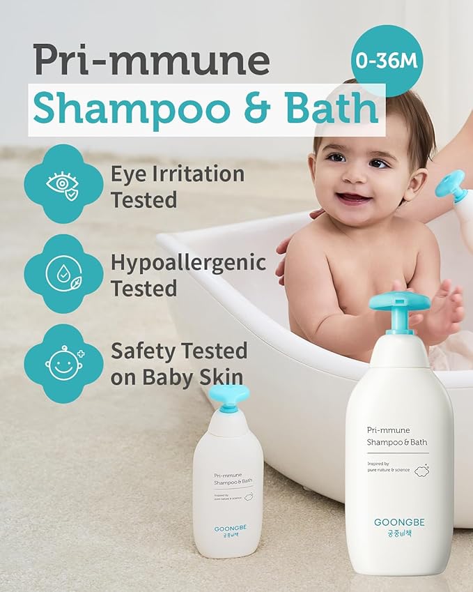 GOONGBE Pri-mmune Shampoo Bath & Moisture Lotion - Korean Baby Cleanser and Body Lotion - Hypoallergenic Moisturizing & Calming Daily Skincare - Gentle Cleanse, Naturally Derived, 11.8 oz.