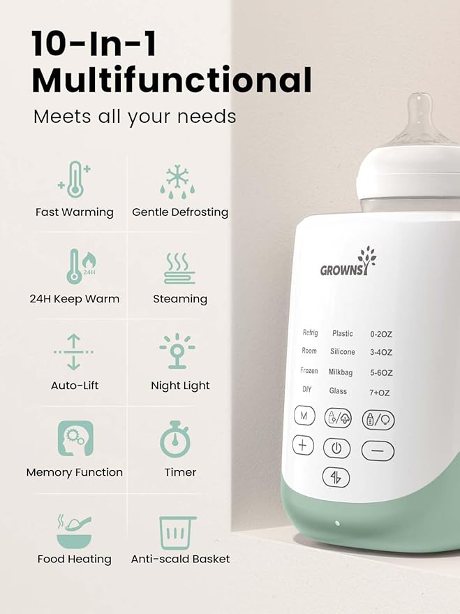 Grownsy Nutri Bottle Warmer with Innovative Auto-Lift Feature, 10-in-1 Fast Baby Bottle Warmer with Night Light, Retain Nutrients Milk Warmer for All Bottles