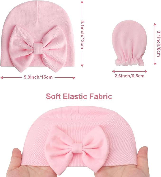 Newborn Baby Hats and Mittens Set Infant Bow Beanie Cap Toddler Gloves Newborn Hospital Hats for Baby Boy Girl 0-6 Months