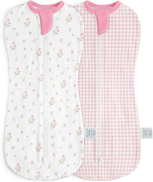 Baby Swaddle 0-2 Months, Cotton Arm-In Zipper Sleep Sack, Wearable Blankets Wrap for Newborn Infant Girls (Floral, Checkered, Pack of 2)