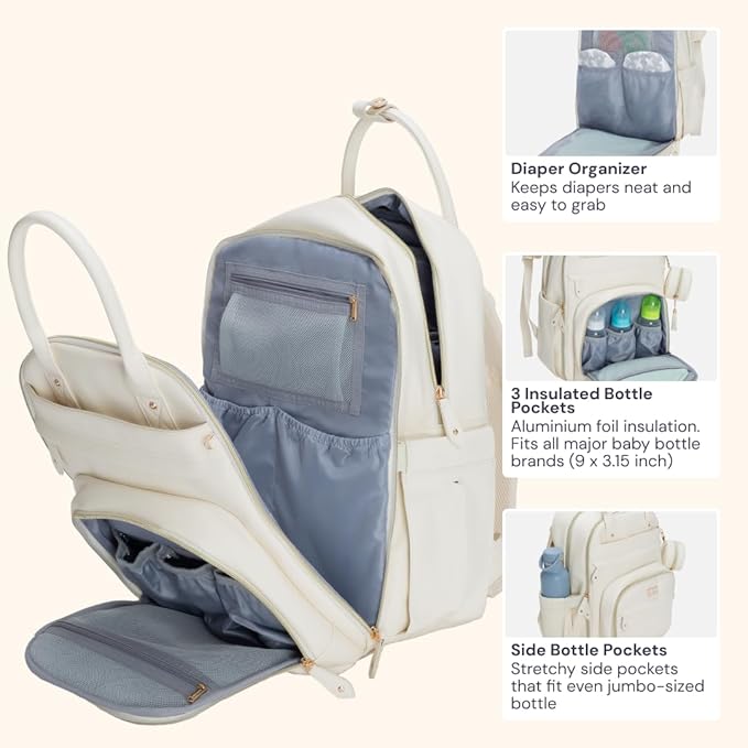 BabbleRoo Leather Diaper Bag Backpack - Baby Essentials Travel Baby Bag, Multi function, Water Resistant, with Changing Pad, Stroller Straps & Pacifier Case – Unisex, Eggshell White