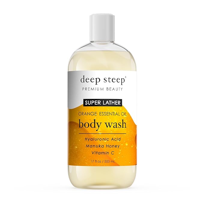 Deep Steep Super Lather Body Wash, Orange, 17 oz – Hydrating Shower Gel with Hyaluronic Acid, Manuka Honey, & Orange Essential Oil – Vegan, Clean Beauty, Clean & Refreshed Skin