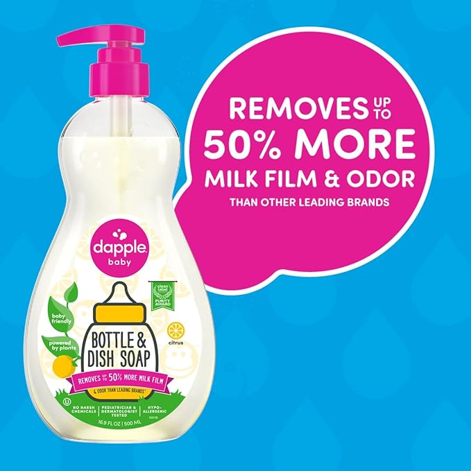 Dapple Bottle and Dish Soap Baby, Fresh Citrus, 16.9 Fl Oz (Pack of 1) - Plant Based Dish Liquid for Dishes & Baby Bottles - Hypoallergenic Soap, Liquid Soap