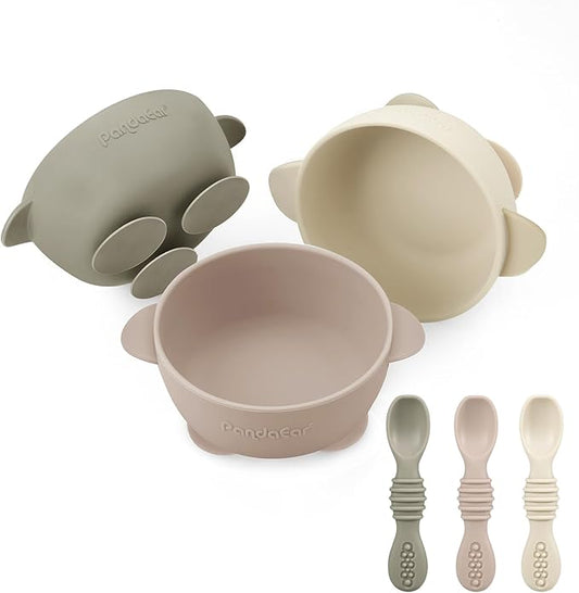 PandaEar 3 Pack Silicone Suction Baby Bowls & 3 Baby Feeding Spoons | Non-Slip Stay Put Bowls & Soft Silicone First Stage Spoons for Toddlers, BPA-Free Baby Led Weaning Set (Linen Brown Tan)