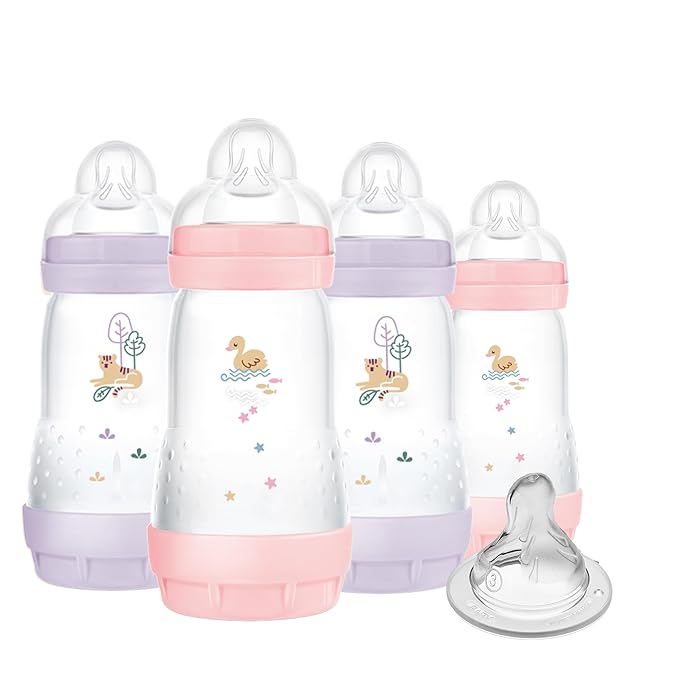 MAM 9oz Easy Start Anti-Colic Baby Bottles, Medium Flow with Bonus Fast Flow Nipple, Breastfeeding-Like Silicone, Reduces Colic and Gas, Easy-to-Clean, BPA-Free, 2 Plus Months