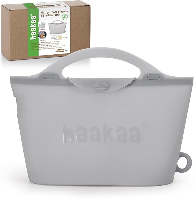 Haakaa Silicone Microwave Steamer & Steriliser Bag, 70oz/2000ml Large Capacity Reusable Steaming Bags for Baby Bottles, Breast Pump, Accessories, Pacifiers,Teethers, Great for Home&On The Go, Grey/1PC