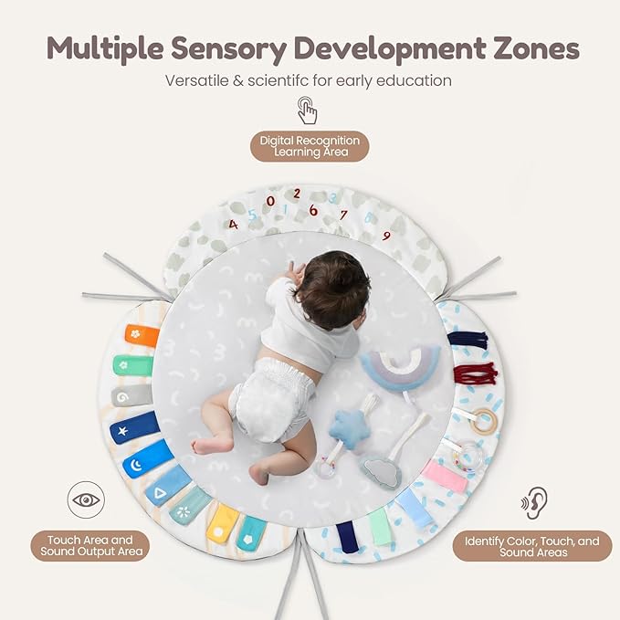 EXIN DECHEN Baby Play Gym & Activity Mat,Natural Organic Bamboo Frame with 4 Detachable Sensory Toys,Tummy Time Mat,Play Mat for Babies 0-6 Months,Newborn Play Mat,Baby Essentials Gifts