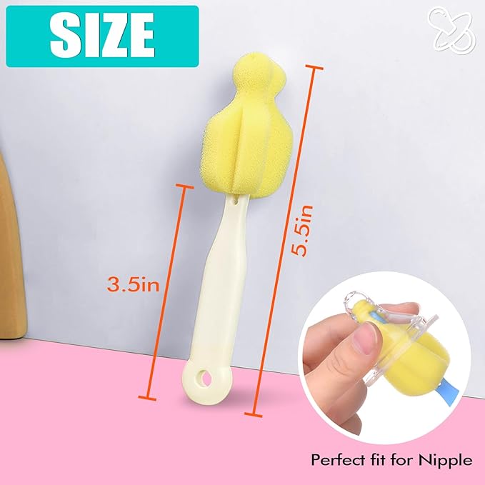 Sponge Bottle Brush 6PCS Sponge Nipple Brushes Baby Bottle Nipple Cleaning Brush Long Handle Baby Milk Bottle Brush (6PCS)