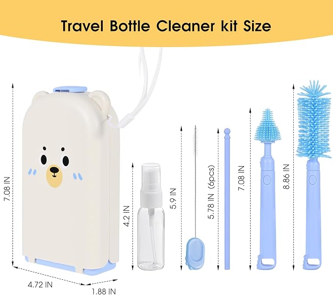 Portable Baby Bottle Brush Set, 7-in-1 Travel Baby Bottle Cleaning Kit, Portable Bottle Washing Kit with Silicone Bottle Brush, Nipple Brush, Straw Brush, Drying Rack for Home and Travel (Blue)