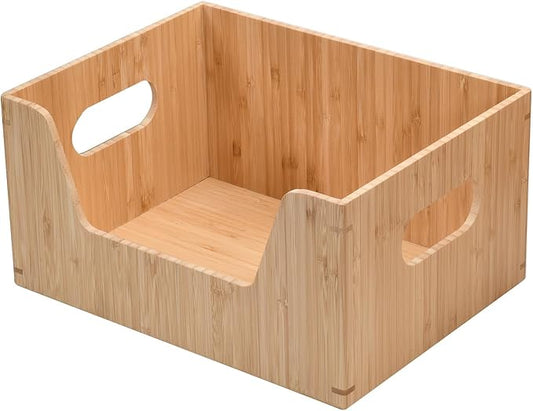 MobileVision Bamboo Storage Box with Open Front Stackable Bin Organizer to use in kitchen pantries, cabinets and countertops, 12 x 9 x 6 inches