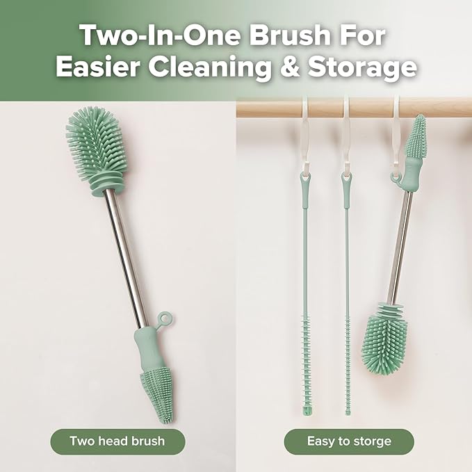 haakaa Silicone Cleaning Brush Kit - Baby Bottle Brush Cleaner for Breast Pump,Nipple,Breast Milk Storage Bag,Reusable Straw,Sippy Cup - Food Grade Silicone Bristles, Portable - 3 Pcs - Pea Green
