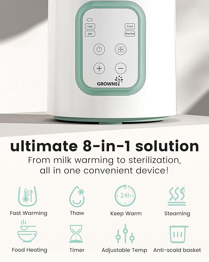 Grownsy Baby Bottle Warmer, 8-in-1 Fast Baby Milk Warmer with Timer for Breastmilk or Formula, Accurate Temperature Control, 24H Keep, Food Heater&Defrost BPA-Free Bottle Warmer for All Bottles- Green