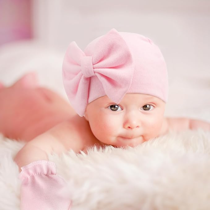 Newborn Baby Hats and Mittens Set Infant Bow Beanie Cap Toddler Gloves Newborn Hospital Hats for Baby Boy Girl 0-6 Months