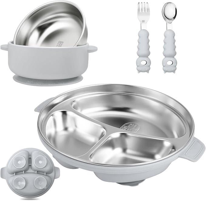 Stainless Steel Baby Plates with Suction, Toddler Plates with Removable Silicone Shell for Kids, Non-Slip Toddler Baby Feeding Set, Forks + Spoons Included-Gray