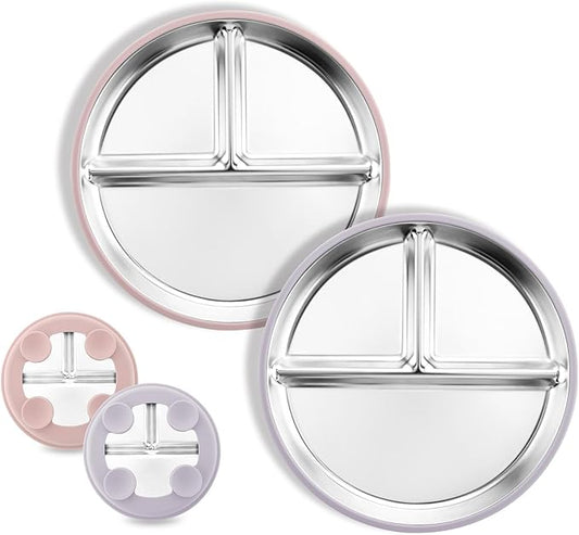 Stainless Steel Baby Plate with Suction, 8” Divided Toddler Plates with Removable Silicone Sleeves for Kids, Non-Toxic Non-Slip Unbreakable Dishwasher Safe Dinnerware Set of 2, Pink & Lilac