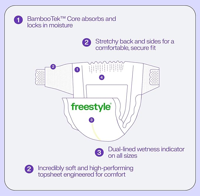Freestyle BambooTek Diapers – (Size 6) Hyper Absorbent & Non-Toxic – Disposable Diapers for Sensitive Skin – Ultra Soft Diapers (35+ lbs) – 120 Count