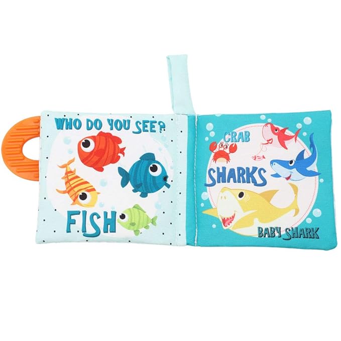 Baby Book Toy, Soft Cloth Crinkle Books for Babies with Teether, Infant Toys 0-3-6-12-18 Months, Shower Baby Gifts, Teething Toy for Boys Girls- Fish, Shark-1PCs