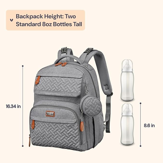 BabbleRoo Diaper Bag Backpack, Travel Backpack with Changing Pad, Pacifier Case & Stroller Straps, Multifunction, Waterproof, Unisex – Light Gray