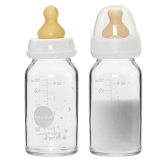 HEVEA Standard Neck Glass Baby Bottles - Natural Rubber Medium Flow Nipples - Anti Colic Baby Bottles for Breastfeeding Babies - Newborn 0+ Months - BPA-Free, Two-Pack (4 Oz)