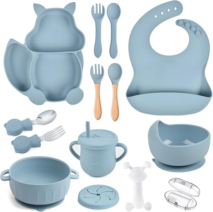 Silicone Baby Feeding Set 15 Pcs，Baby Plates,Baby Spoons Suction Bowl Divided Plate Bib Cup Finger Brush Training cups,Baby Led Weaning Supplies（blue）