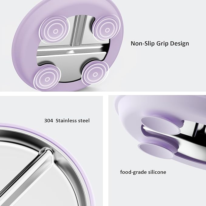 Stainless Steel Baby Plate with Suction, 9” Divided Toddler Plates with Removable Silicone Sleeves for Kids, Non-Toxic Non-Slip Unbreakable Dishwasher Safe Dinnerware Set of 2, Pink & Lilac