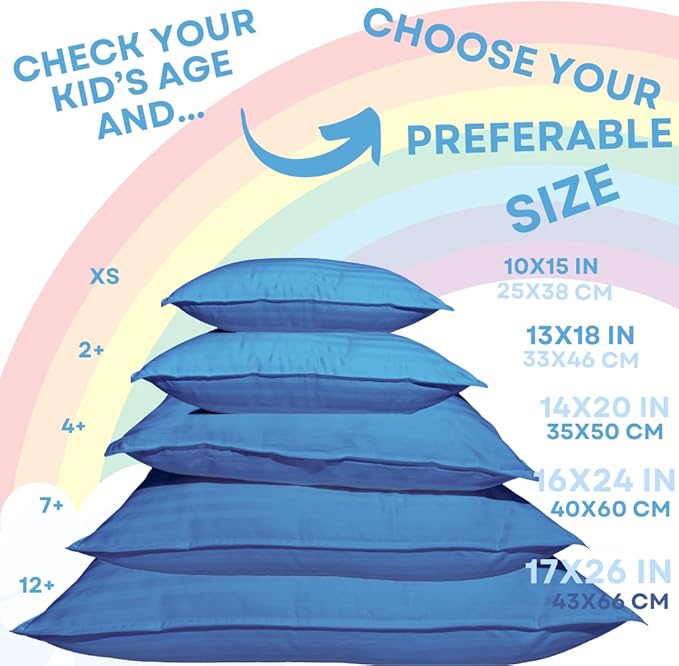 kinder Fluff Children Pillows (2X) 16x24in- The Only Twin Pillows for Kids 300T Cotton Shell & Down Alternative Fill - Ideal for Travel, Bedding Set & Floor Cushions- Blue- L